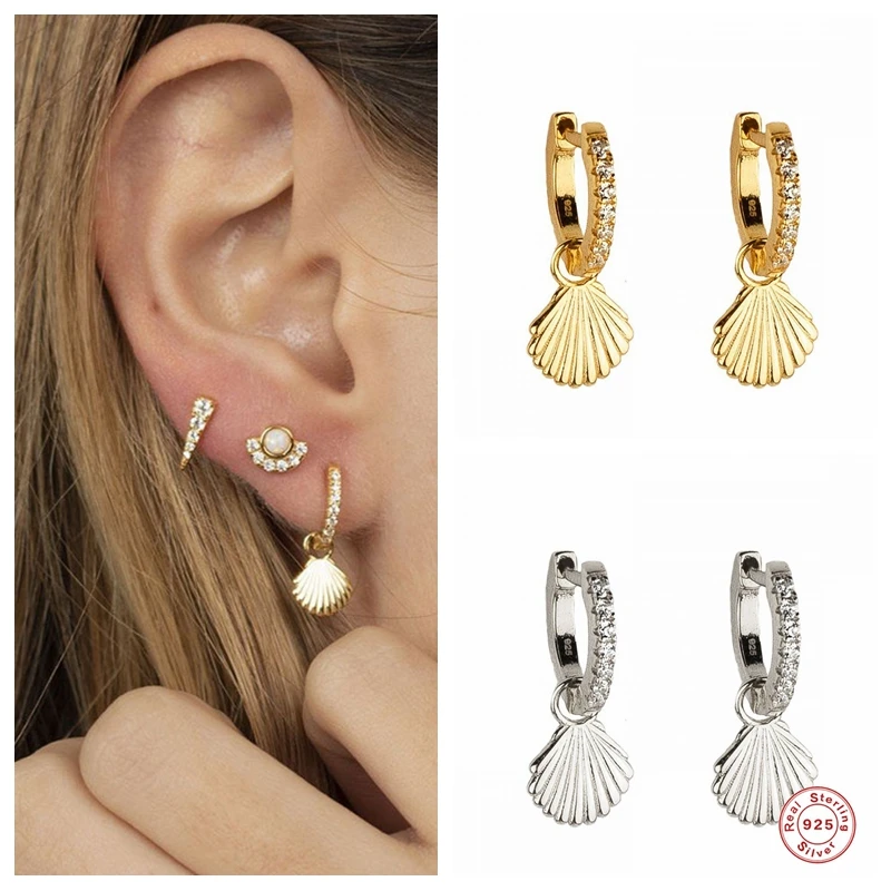 

GS 925 Sterling Silver Gold Boho Summer Beach Ocean Shell Pendant Drop Earrings for Women Zircon Circle Loop Earring Jewelry