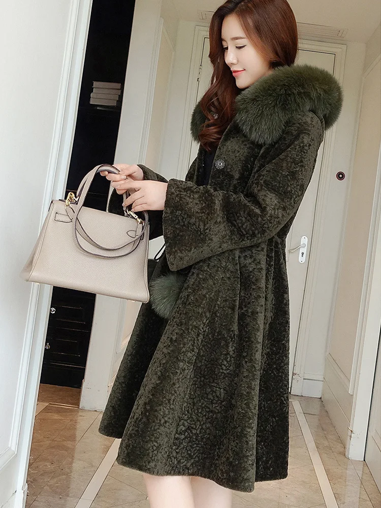 

Real Sheep Shearling Fur Coat 2020 Winter Jacket Women Fox Fur Collar 100% Wool Coat Female Korean Long Coats MY3764