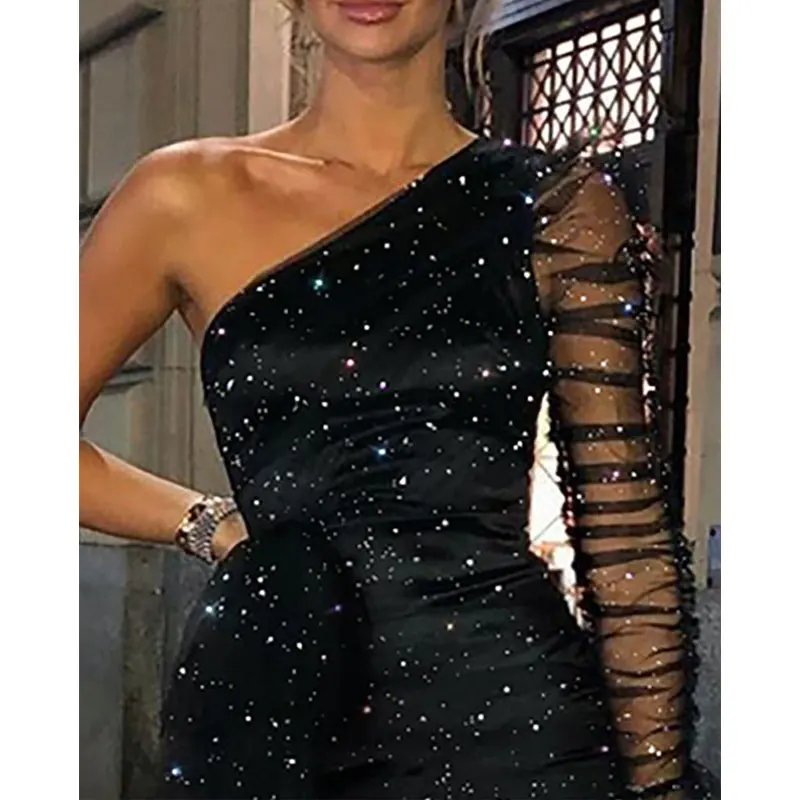 Черное блестящее мини-платье на одно плечо, вечерние платья с длинным рукавом, короткое сексуальное облегающее платье, женские зимние вечерние сетчатые платья для выпускного вечера