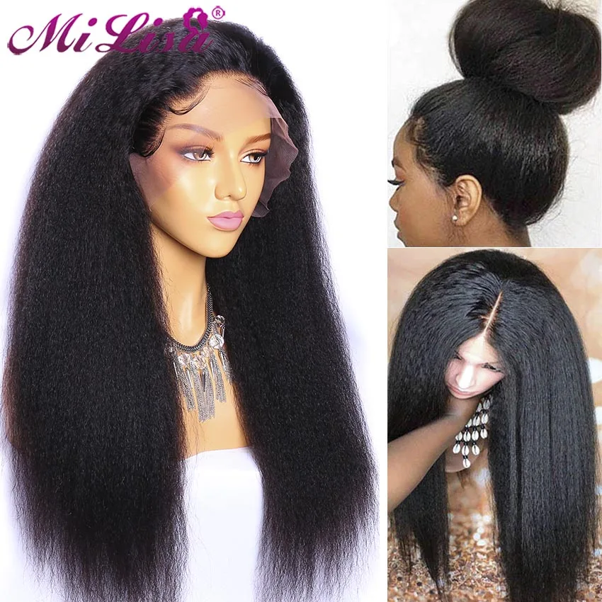 Mi Lisa crépus perruque droite sans colle dentelle avant perruques de cheveux humains pour les femmes noires pré plumé Fronte b|Парик из