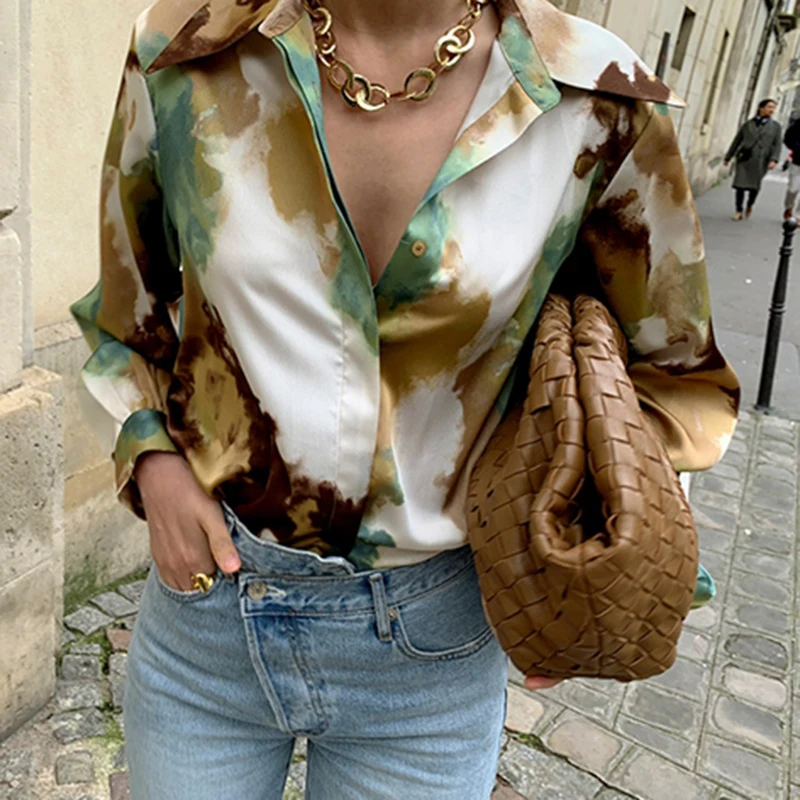 

Slim Fit Casual Shirts For Women Lapel Collar Long Sleeve Hit Color Print Shirt Vintage Top Female Spring New