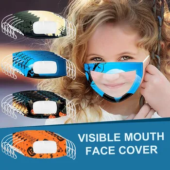 

5PC Kids Halloween Cartoon Smile Clear Mouth Expression Lip Reading Face Mask reuse face shield protector transparent