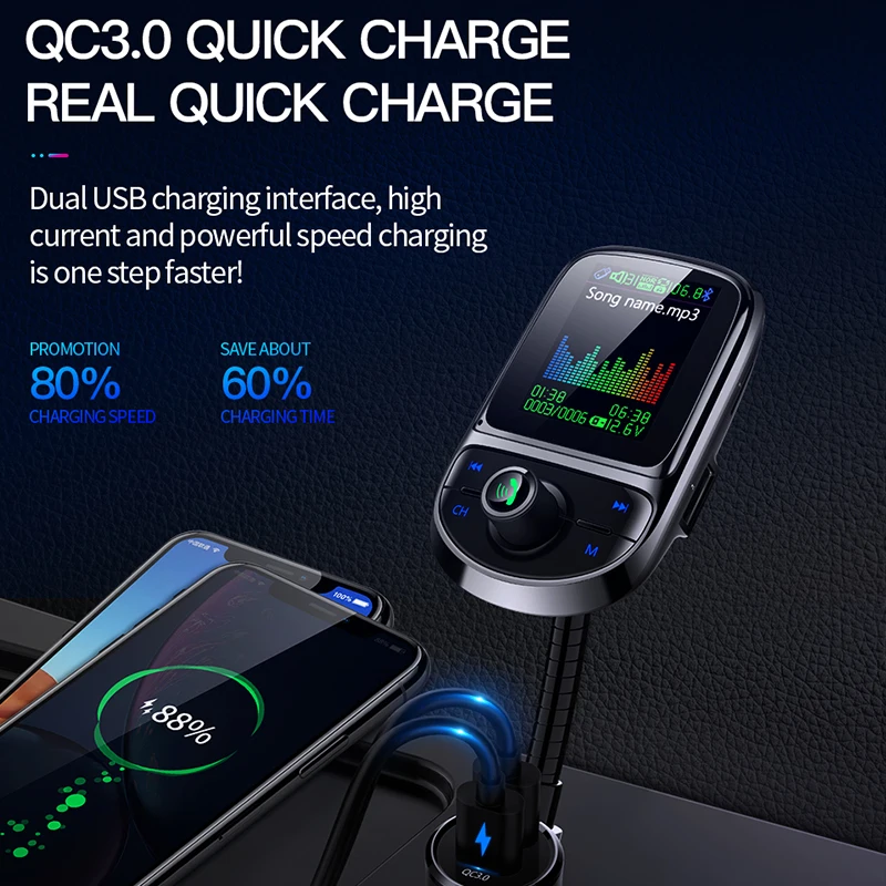 SRUIK, 1,77 дюймов, цветной экран, fm-передатчик, Bluetooth, для автомобиля, QC3.0, двойной USB, зарядное устройство, Bluetooth, радио передатчик, беспроводной модулятор