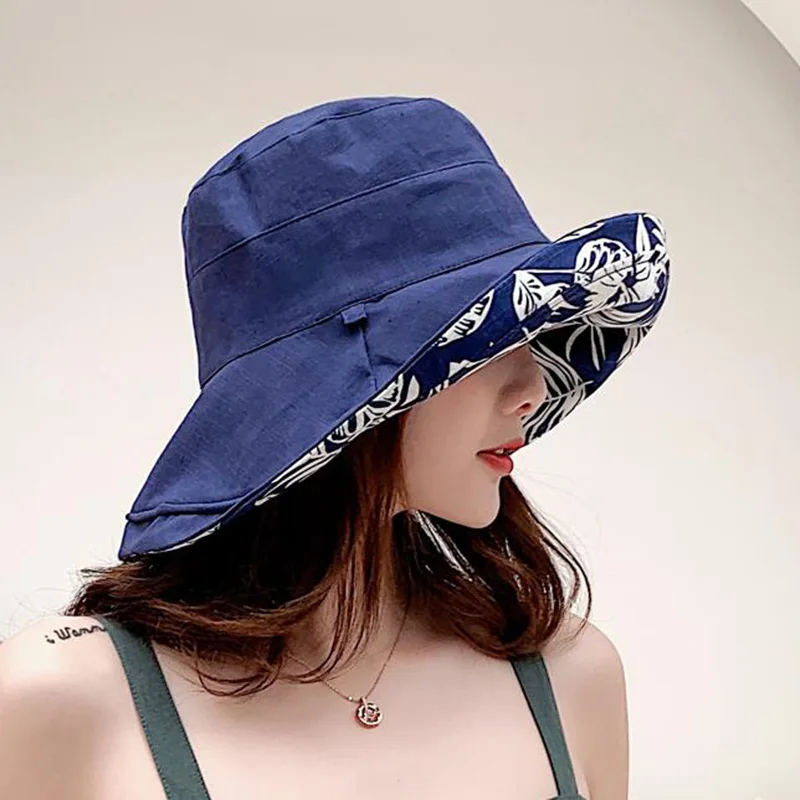 UV Protection Summer Sun Hat Women Packable Reversible Cotton Ponytail Chin Strap 55-59CM