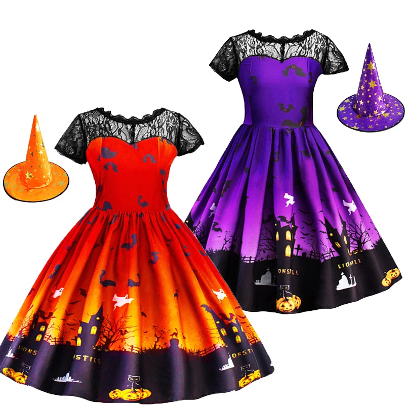 

Boutique Halloween Witch Costume Girls Christmas Carnival Purple Orange Kids Lace Backless Dress Children Birthday Party Dress