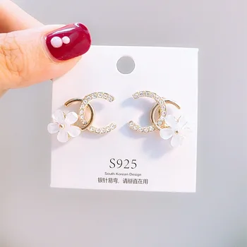 

Charmsmic Double C Shape Stud Earrings Small Flower Rhinestone Geometric Earrings Female Girls Birthday Brincos Jewelry