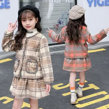 

Anlencool 2020 Fashion girls woolen suit spring and autumn new children's small fragrance style jacket + skirt 2-piece set kids