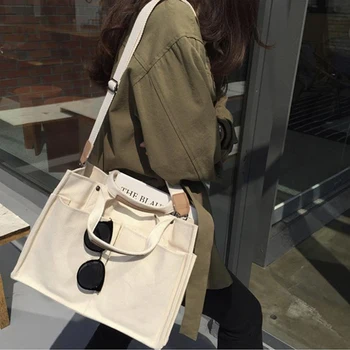 

YXZ 2020 Solid Simple Multiple pockets Canvas bags Student Large Capacity Shoulder bags Women's Shopper bag Fashion Girl Totes