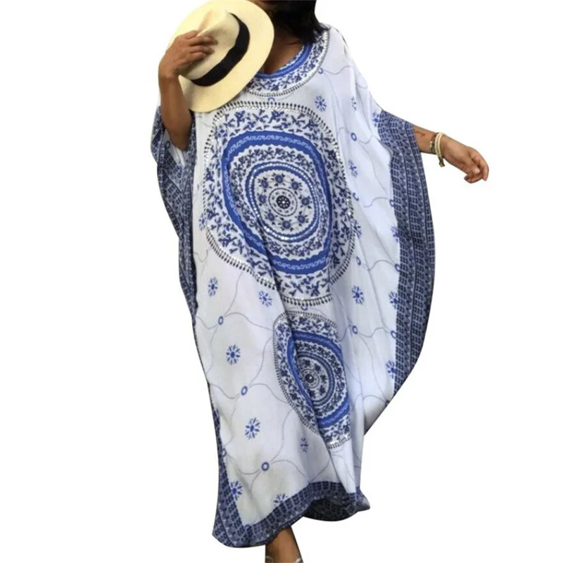 Indie Folk Long Kaftan Summer Beach Dress Women Clothing Large Size Beachwear Cover ups Robe de Plage Saida de Praia #Q288