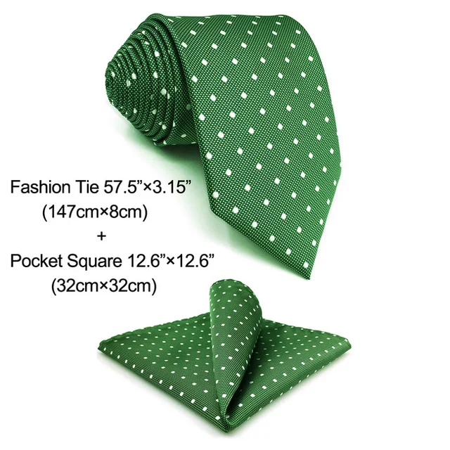 E21 Green Polka Dots Silk Mens Necktie Set Classic Fashion Ties for Male Brand New Accessory Hanky Extra Long Size Classic Size Tie Set