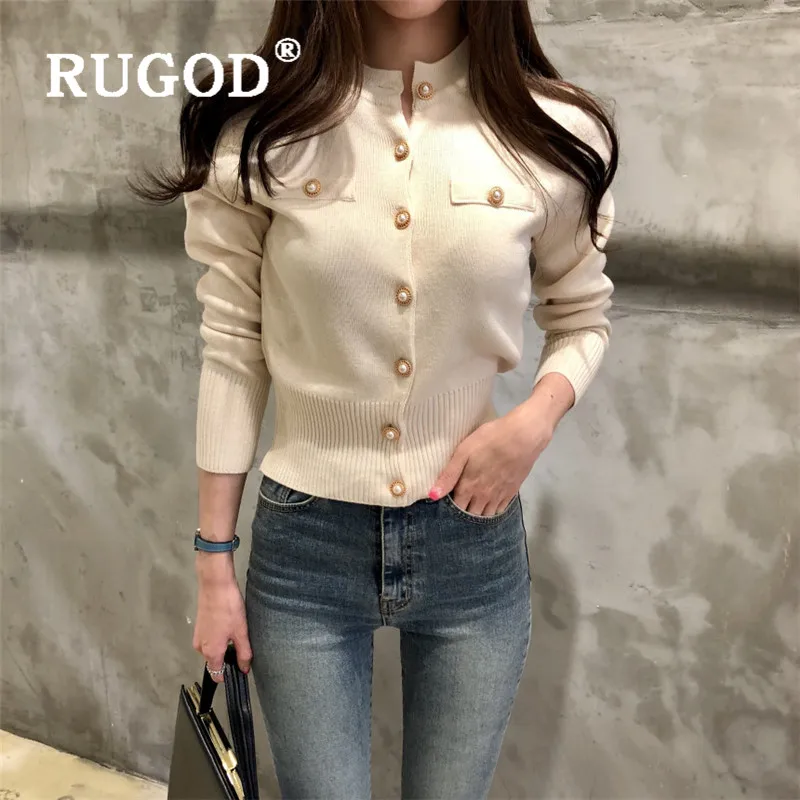 RUGOD свитер в Корейском стиле для женщин,, круглый вырез, Одноцветный, однобортный, вязаный кардиган, Повседневный, для девушек, Pull Femme Hiver