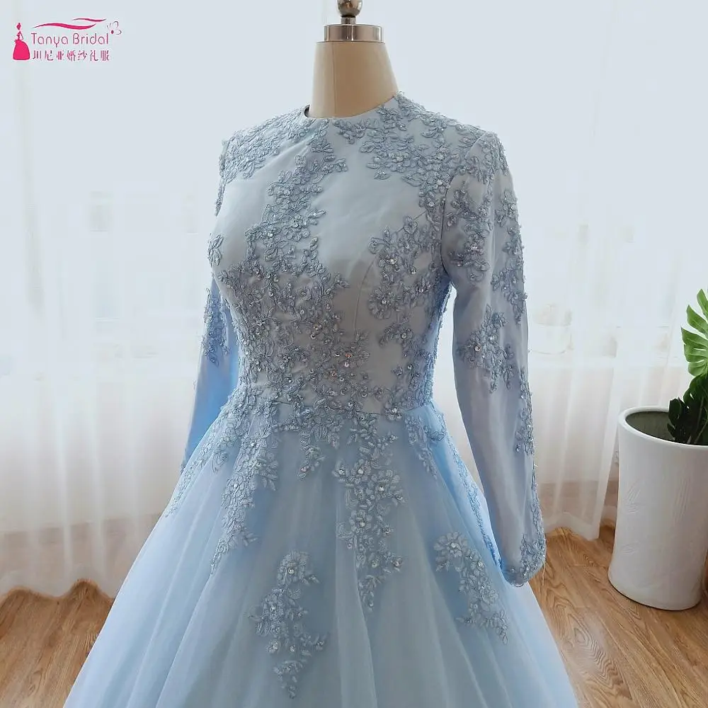 Sky Blue Long Sleeves Muslim Wedding 