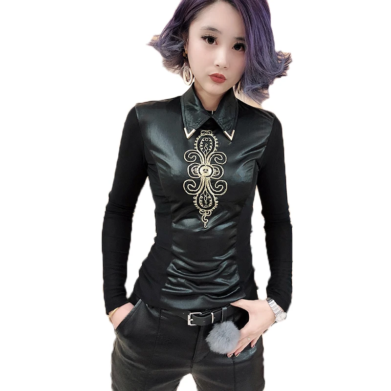 Black tshirt Европейская мода, Лоскутная Сетка, искусственная кожа, вышивка, футболка, новинка, Осень-зима, Женский Топ с длинным рукавом, Camiseta Mujer, черный, T97922 - Цвет: Black tshirt