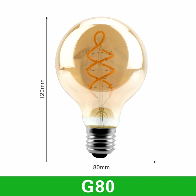 T45 ST64 G80 G95 G125 T225 Spiral Light LED Filament Bulb 4W 2200K Retro Vintage Lamps Decorative Lighting Dimmable Edison Lamp - Испускаемый цвет: G80