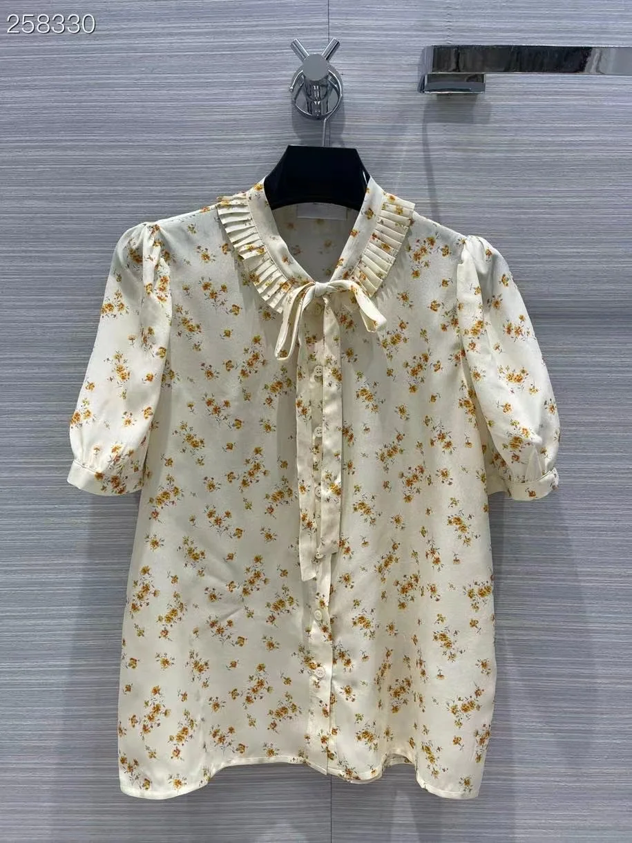 

Luxury Blouse 2022 Summer Spring New Design Women Runway Flowers Print High Quality Silk Single Breasted Short Sleeves Blouse