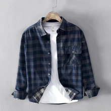 Spring Autumn Fashion Men Shirts Navy Blue Light Gray Casual Corduroy Shirts Men Vintage Designer Japanese Plaid Shirts Hombre