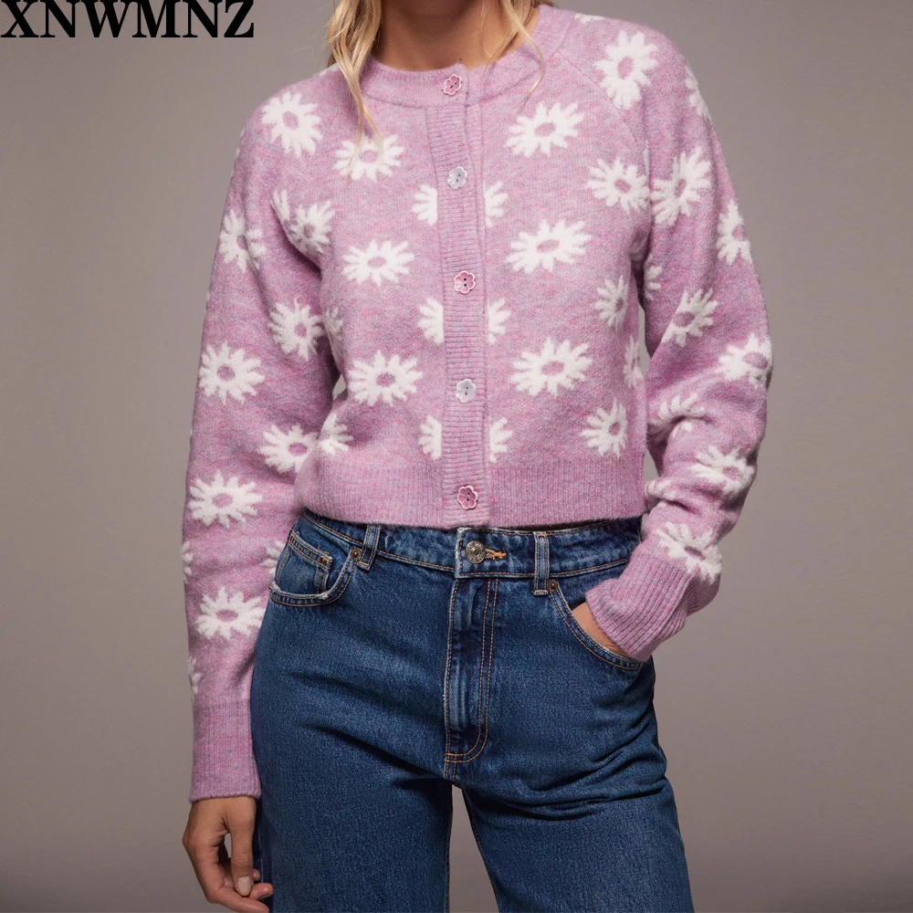 

XNWMNZ Za women floral knit cardigan Femme O neck long sleeve cardigan Sweater flower-shaped button Casual elegaht Coat