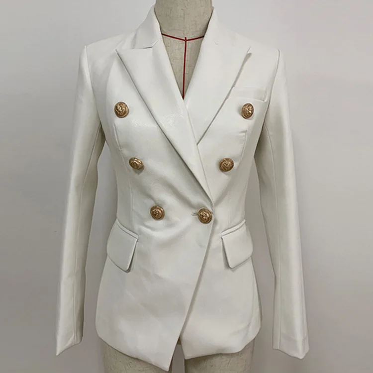 PEONFLY Autumn Leather Jacket Women Casual Long Sleeve Button Slim Blazer Fashion PU Leather White Coat Blazer Feminino