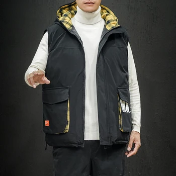 

M-5XL Bodywarmer Sleeveless Jacket Men Casual Vest Men Brand Gilet Mens Warm Vest Hooded Down Warm Plaid Cargo Mens Gillet