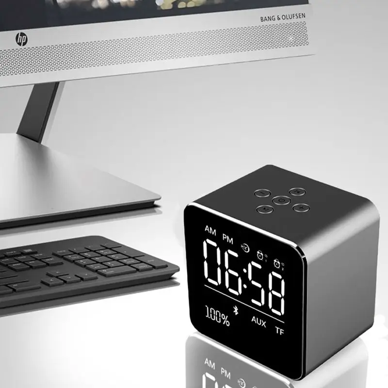

Alarm Clock With Wireless Bluetooth Speaker, Metal Mini Square Portable Speaker 2 Set Of Alarm Clock Lcd Screen For Office