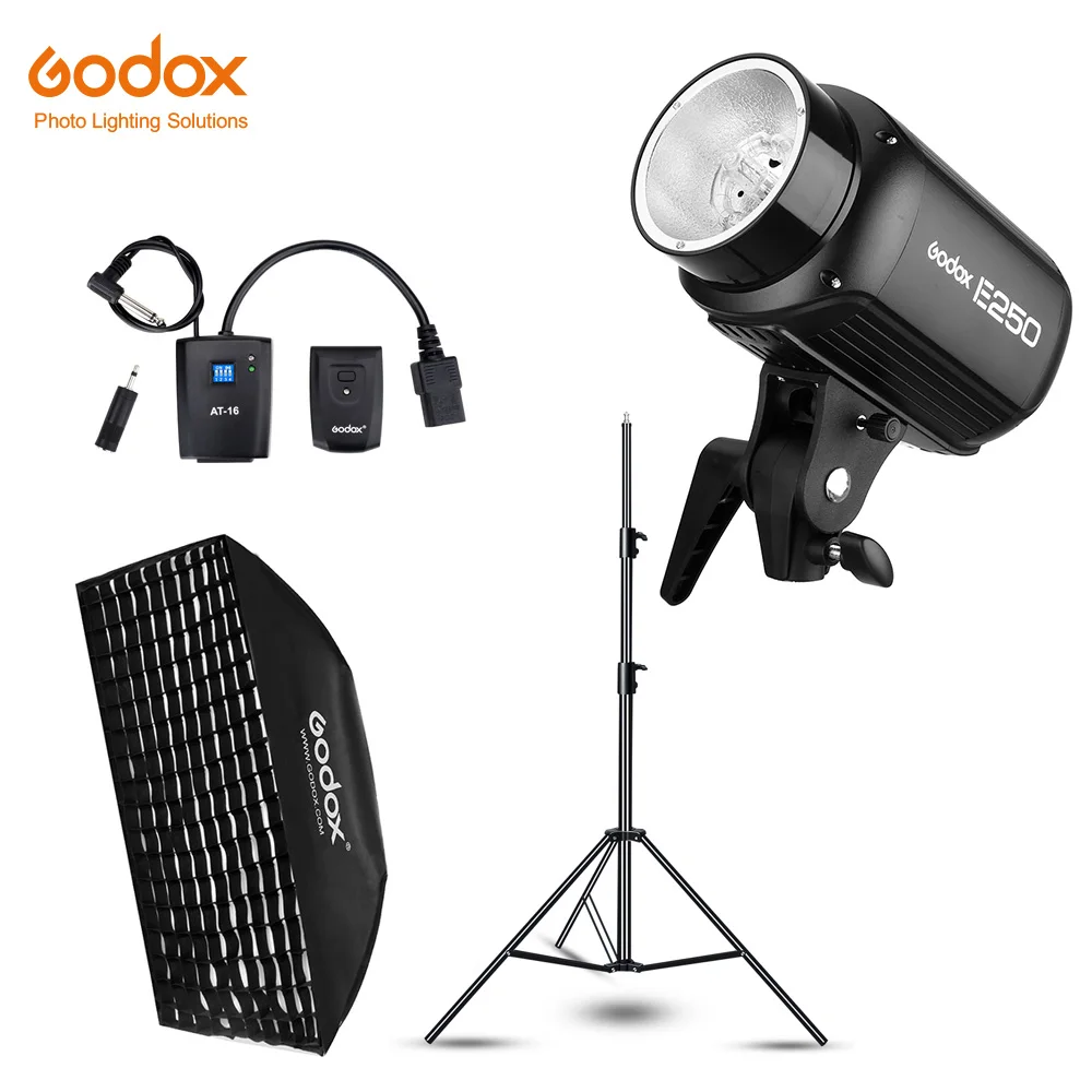 Godox E250 250Ws Photography Studio Flash Strobe Light + 50 x 70cm Gird Softbox + 180cm Light Stand + AT-16 Trigger Flash Kit