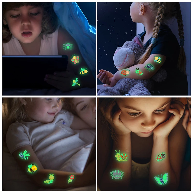 5pcs Luminous Tattoo Stickers Child Kid Temporary Fake Tattoos Glow Paste on Face Arm Leg for Children Body Art Mermaid Dinosaur