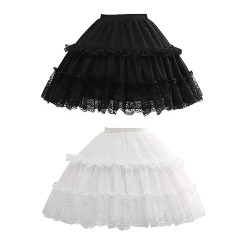 

Womens Lolita Cosplay Short Petticoat Tiered Ruffles Floral Lace Trim Pettiskirt Removable Fish Bone 2 Hoop Underskirt