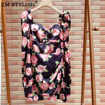 

Women's Clothings Sexy Pleated Satin Dress Printed Lantern Sleeve Square Collar 2020 Spring New Package Hip Mini Dress Bodycon