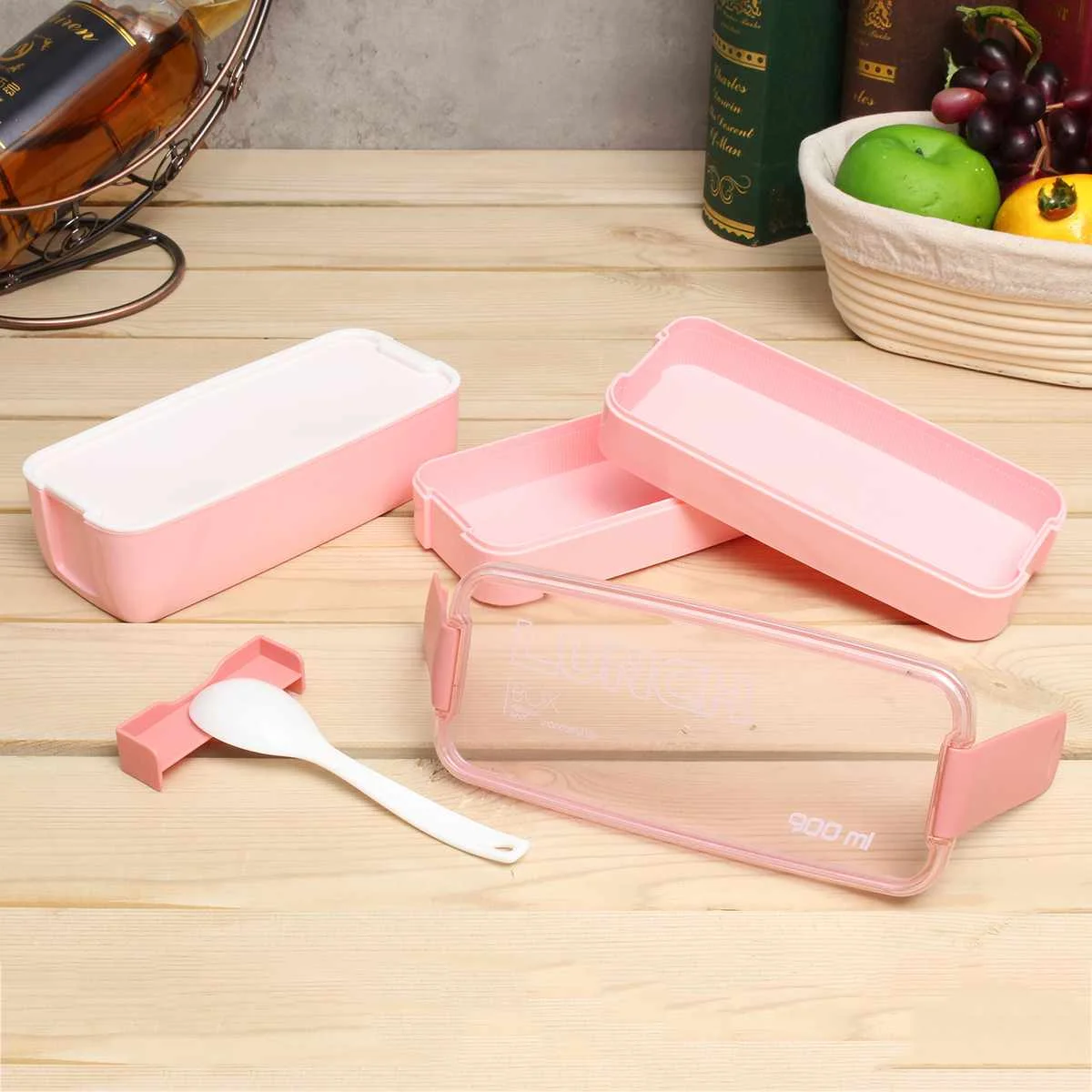 

900ML 3 Layers Portable Microwave Lunch Bento Box Three Candy Color Large Capacity Eco-Friendly Gift Spoon