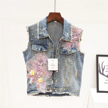 

2020 Spring Autumn New Jacket Industrial Beads Flower Holes Denim Waistcoat Women's Sleeveless Vest Tops Girls Jean Vests Coats