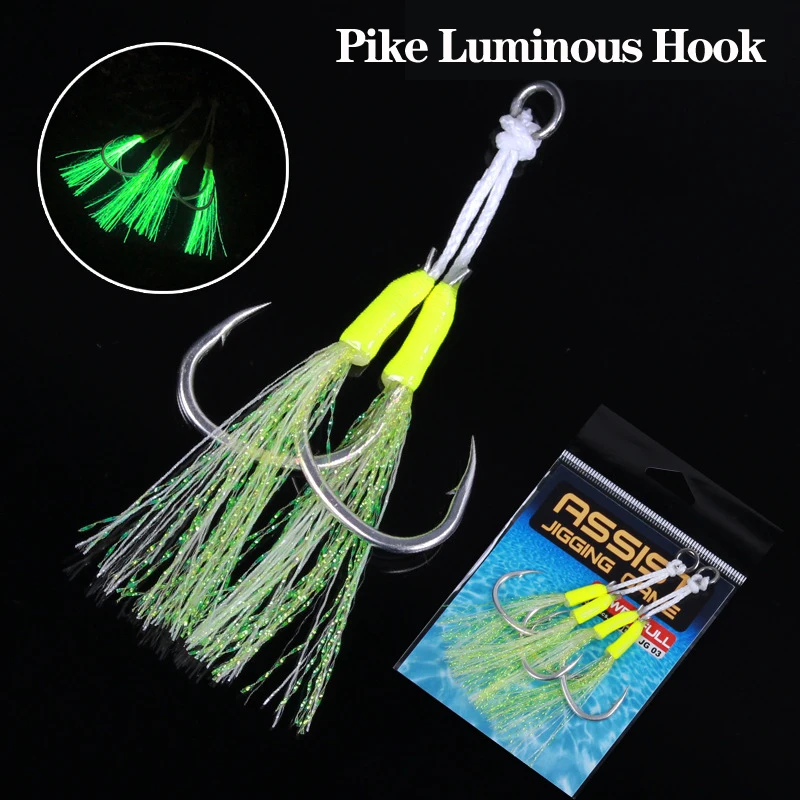 2 Set Shore Jigging Hooks 1/0 2/0 2.5/0 3/0 4/0 5/0 Pike Jig Assist Hook  For Light Fishing Sea Slow Pitch Luminous Fishhooks