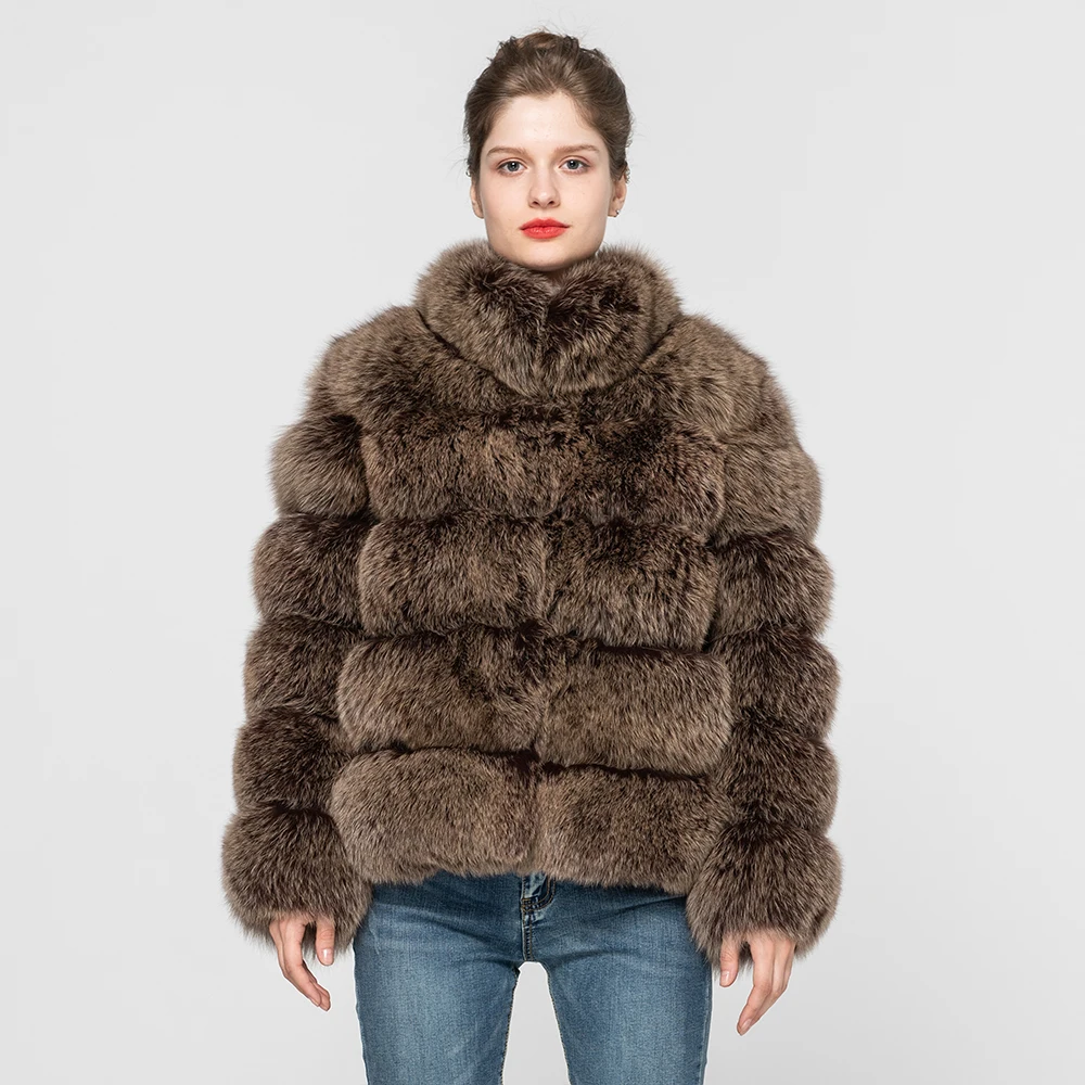 Coffee Frosted Для женщин 5 рядов шуба из натурального Лисьего меха с меховым воротником зимняя теплая дутая куртка Меховая куртка Модные Стиль S7194 - Цвет: Coffee Frosted