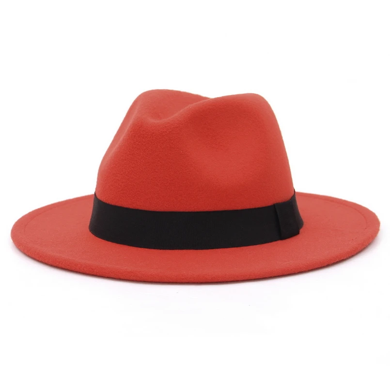 Orange red GEMVIE, новинка, с широкими полями, белая фетровая шляпа для женщин, шерстяные фетровые шляпы для мужчин, Осень-зима, Панама, джазовая Кепка, в полоску, черная полоса - Цвет: Orange red