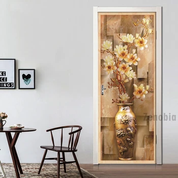

Golden Vase Flowers Art Picture 3D Door Sticker Wall Mural PVC Self-Adhesive Door Stickers DIY Wallpaper Decal Home Decor Poster