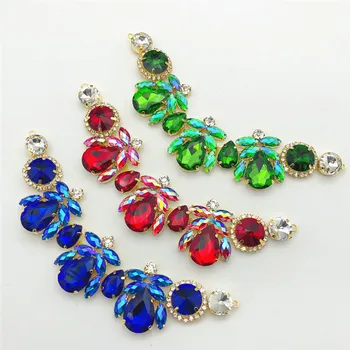 

2pcs three color red blue Glass Resin Rhinestone Gold Flower Applique Chain Crystals Rhinestones Applique For DIY Evening Dress