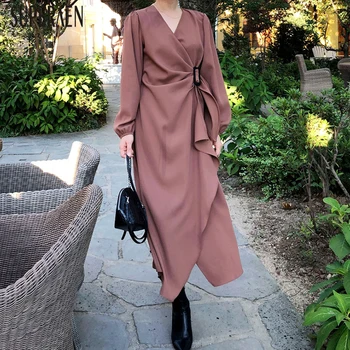 

SuperAen Korean Style Long Dress Women Spring New 2020 Solid Color Ladies Dress V-neck Irregular Fashion Women Clothing
