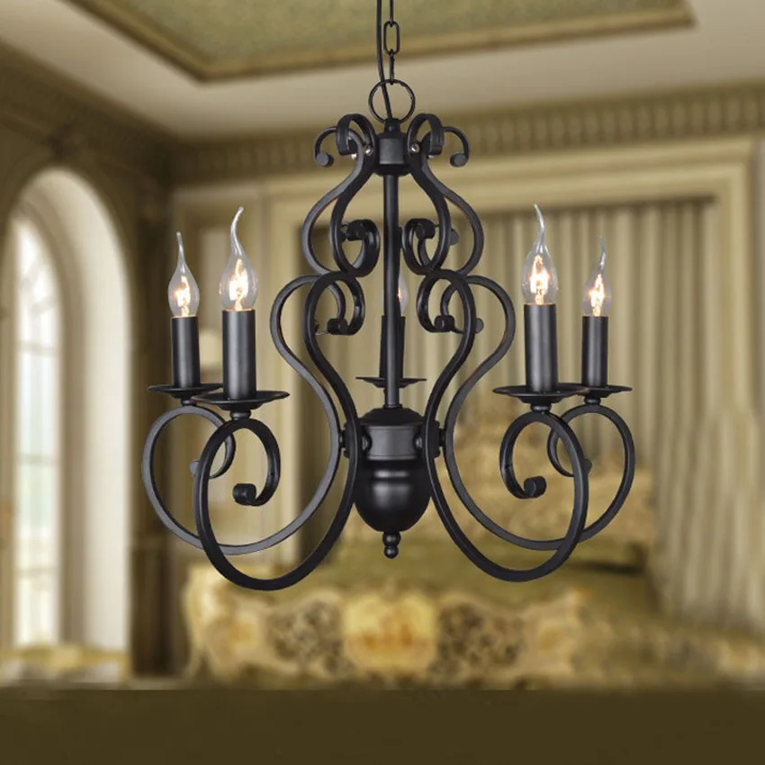 

Black Wrought Iron Modern Chandelier Lighting 5/6 Heads E14 Hotel Foyer Living Room Dining Room Bar Creative Candle Pendant Lamp