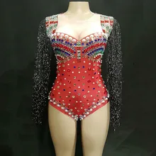 Женский костюм для выступлений с разноцветными бахромой на рукавах, сексуальное боди для женщин, певица, одежда для сценического шоу, наряд с кисточками для празднования дня рождения