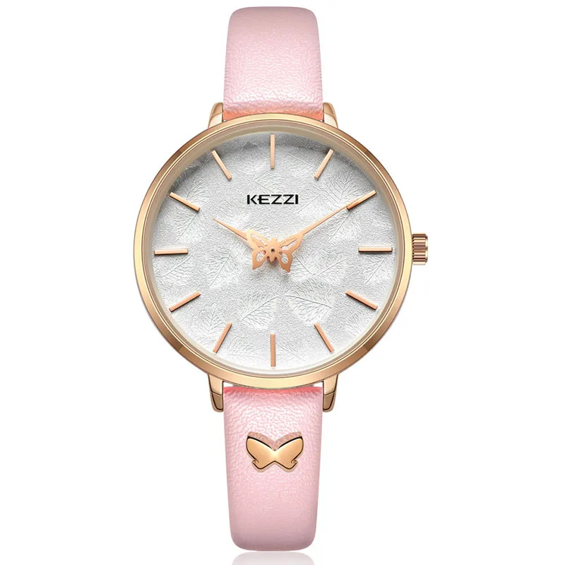 pink watch KEZZI женские кварцевые часы модные повседневные Водонепроницаемые кожаные Наручные часы Простой Большой циферблат принт бабочка часы - Цвет: pink watch