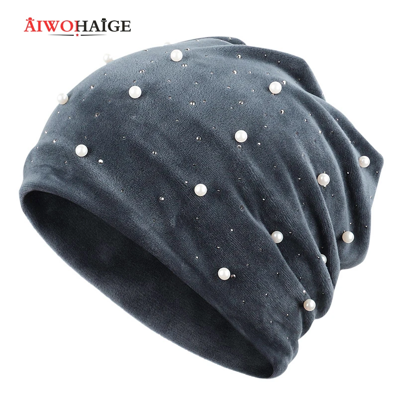 

Winter Beanies Soft Warm Shiny Rhinestone Solid Color Women Skullies Beanies Pearl Women's Hat Velvet Fabric Soft Cap 2019