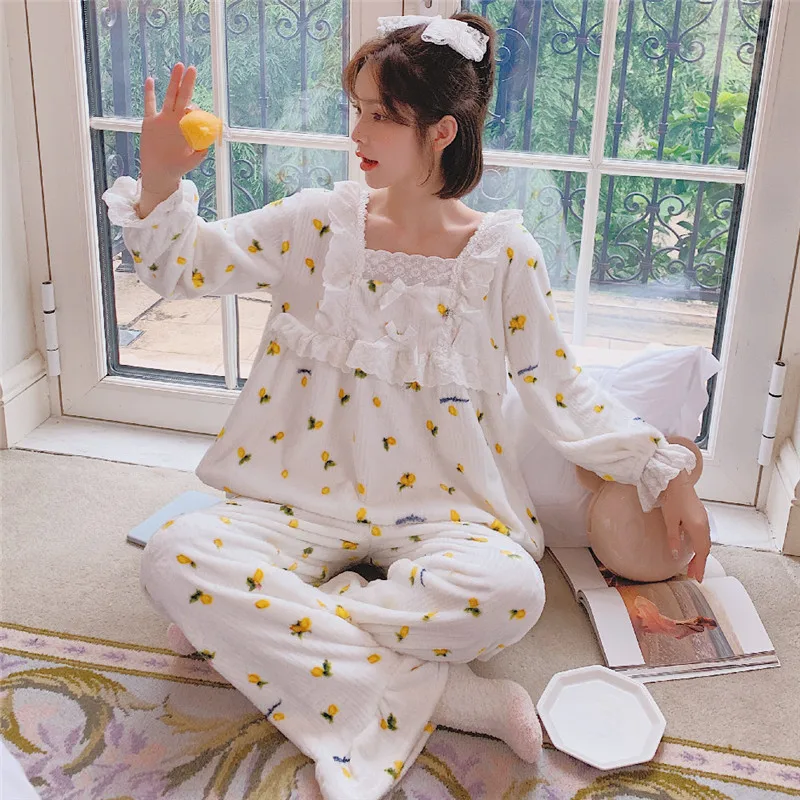 

Lace Square Collar Flannel Pajamas Sets 2PCS Print Bud Sleeve&Flare Pant Pyjamas Suit M-XXL Lady Sleepwear Autumn Home Nightwear