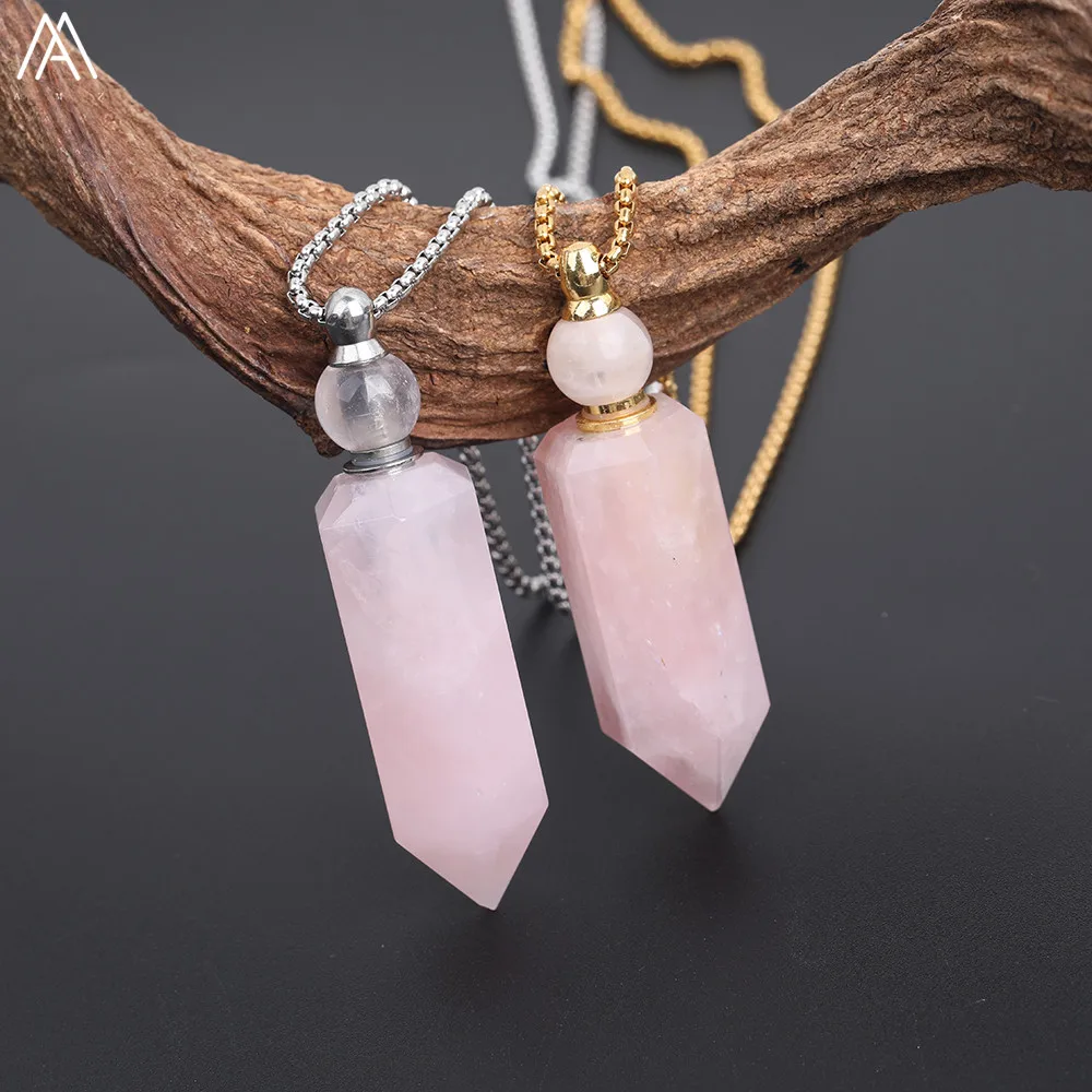 

Women Delicate Perfume Bottle Necklace,Natural Pink Quartz Stone Hexagonal Stick Point Bead Perfume Bottle Pendant DSS-185AMDE