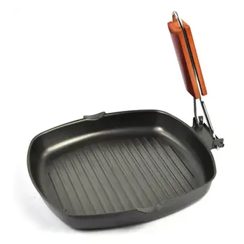 

Cast Iron Steak Grill Pans Non-Stick Frying Pan Wooden Handle Folding for Kitchen Fry Cooking Steak Pans Portable Square Grill