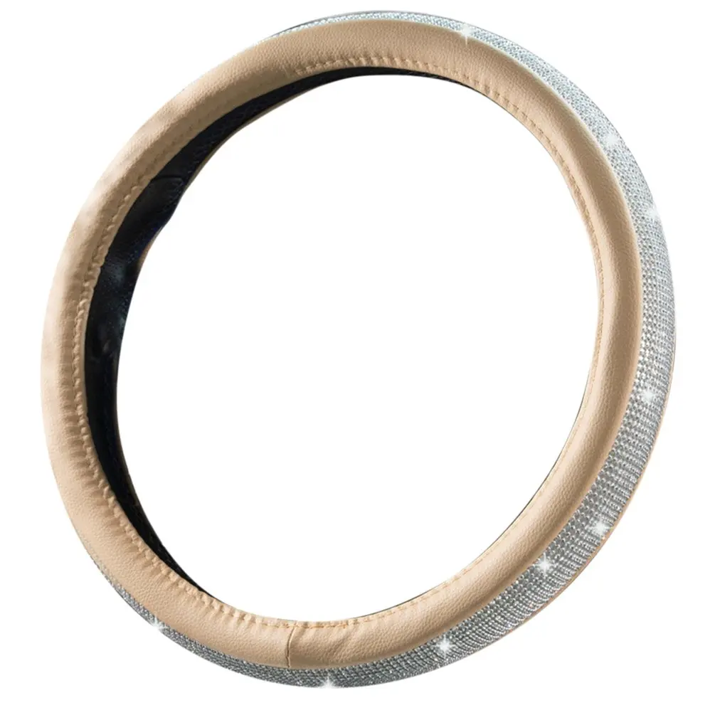 Car Interior Rhinestone Diamond Car Steering Wheel Set With Drill Car Handle Set Cute Steering Wheel Cover Unisex - Color Name: Beige
