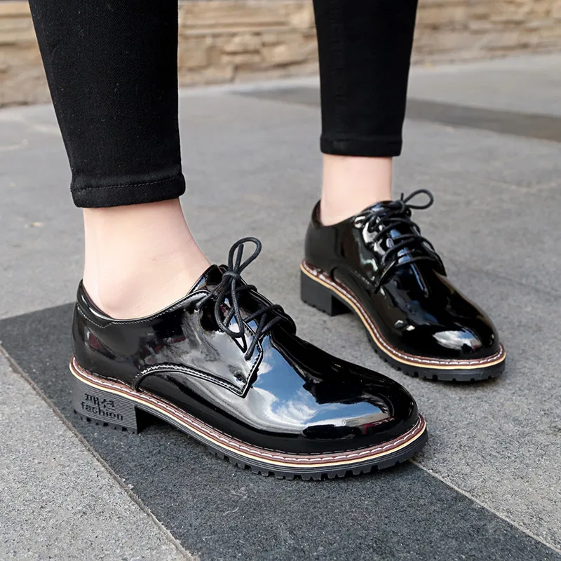 

New Patent Leather Women Spring Autumn Lace-Up Zapatos Mujer Female Ladies Personality Flat Shoes Woman Footwear Single Shoes