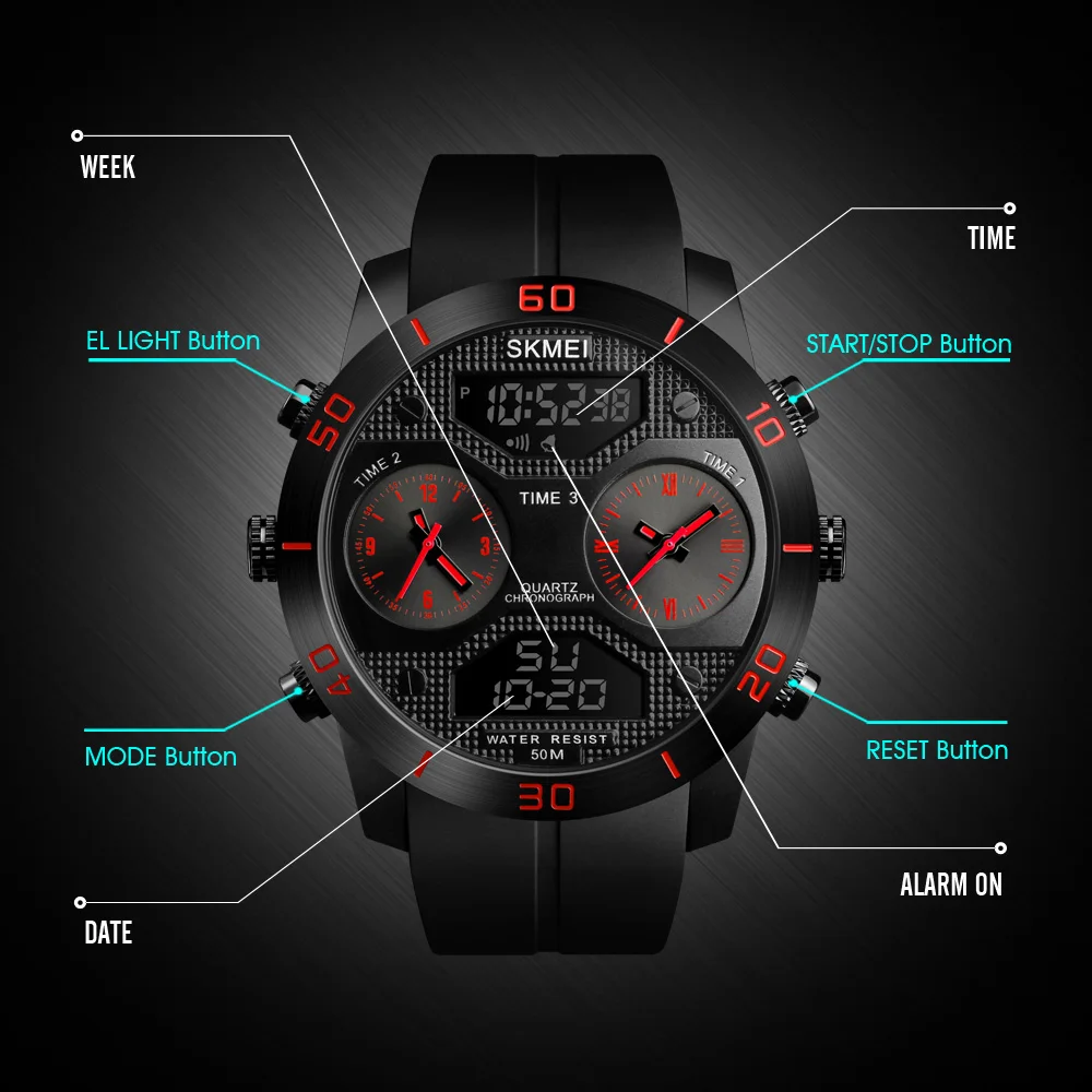 SKMEI 3 раз Дисплей Для мужчин цифровой кварцевые открытый часы мужской часы Наручные часы Relogio Masculino Водонепроницаемый плавание часы 1355