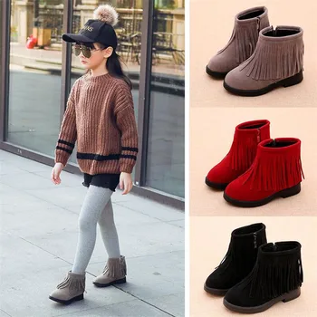 

Girls boots autumn and winter 2019 new Quality girls tassel boots kids Martin boots girls warm snow boots cotton shoes zip