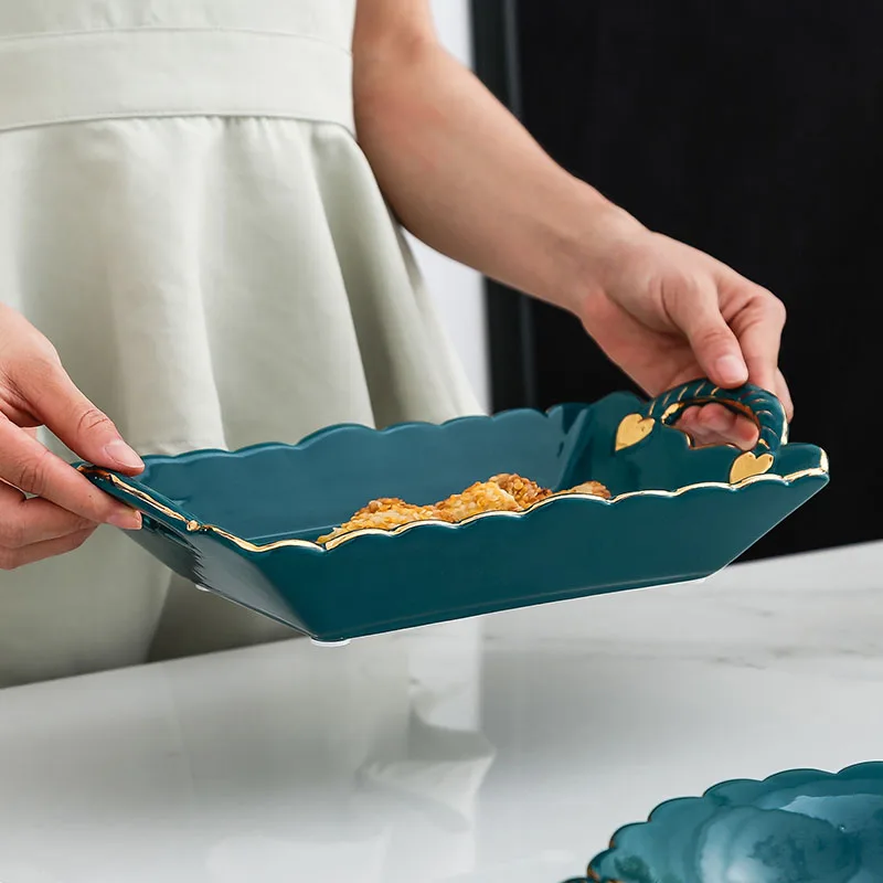 JINSERTA Ceramic Serving Tray Dessert Fruit Snack Nuts Plate Luxury Gold Inlay Salad Sushi Plate with Handle Home Decor Tray