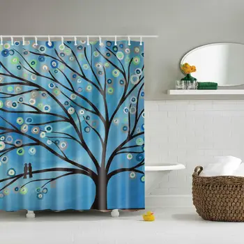 

Waterproof Thicken Polyester 3D Blue Shower Curtain Tree in Fairy Tales Mildew Proof Bath Tub Curtain with 12 pcs Hooks