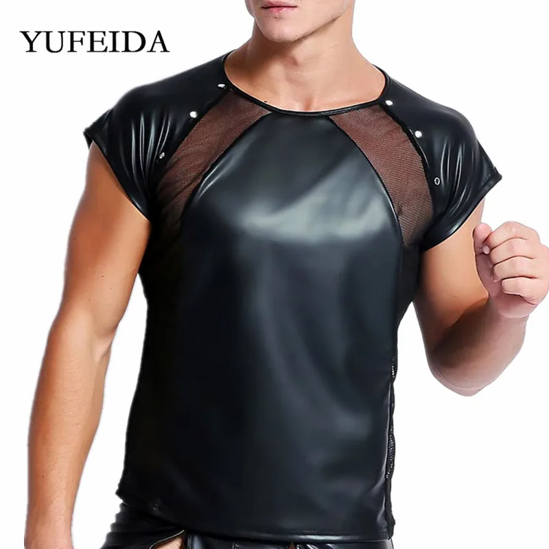 Sexy Mens Undershirts PU Leather Mesh T Shirts Male Patchwork Short Sleeve Tees Tops Tight Shirts Party Night Dance Clubwear photo